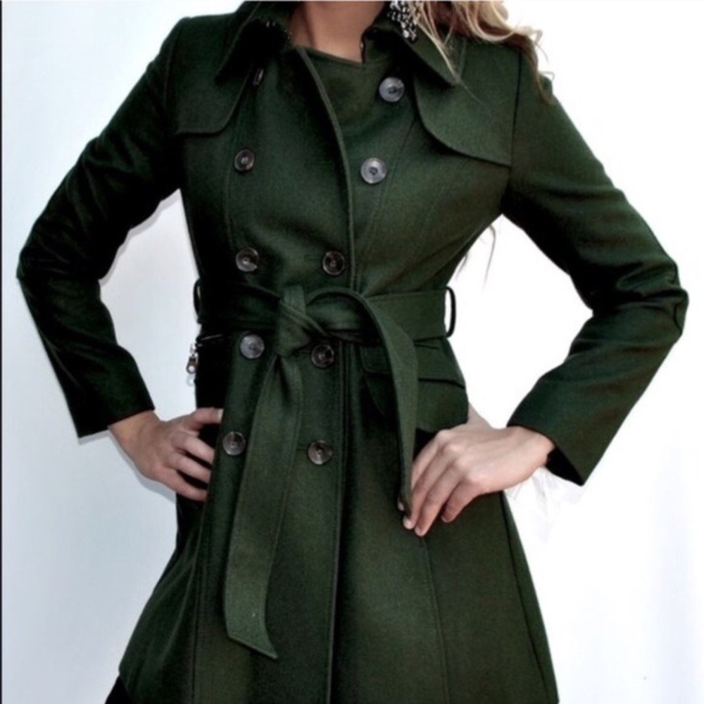 COPY - GORGEOUS DKNY HUNTER LODEN GREEN DOUBLE BREASTED WOOL TRENCH COAT EVERGR…